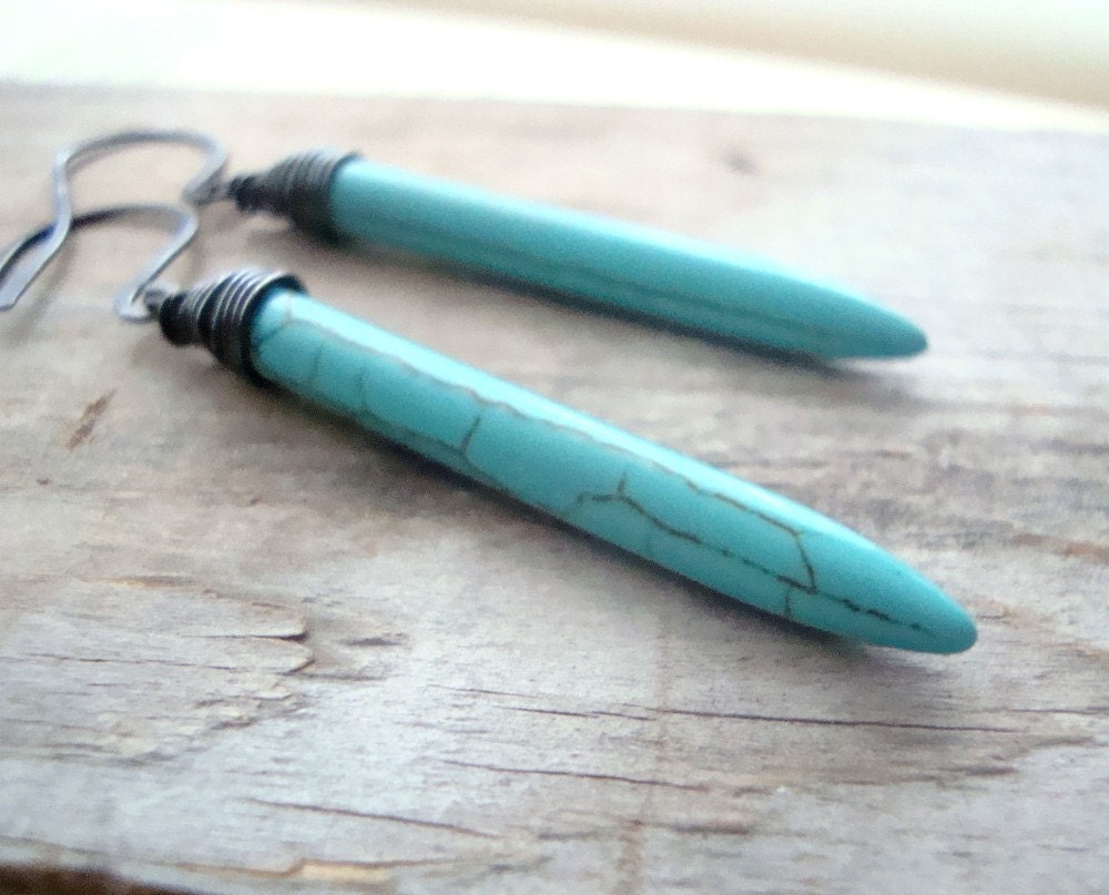 Turquoise Long Dagger Earrings Tribal Modern Summer Fashion December Birthstone - CyclamenStudio