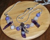 FREE Shipping Love Natural stone Purple Amethyst and agate White and purple bead necklace Handmade handwrapped silver snake chain claw
