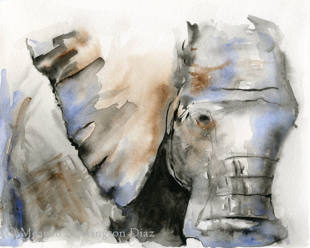 Elephant Art- Elephant Close Up - 8x10 Watercolor Fine Art Print Animal Painting Gray Brown