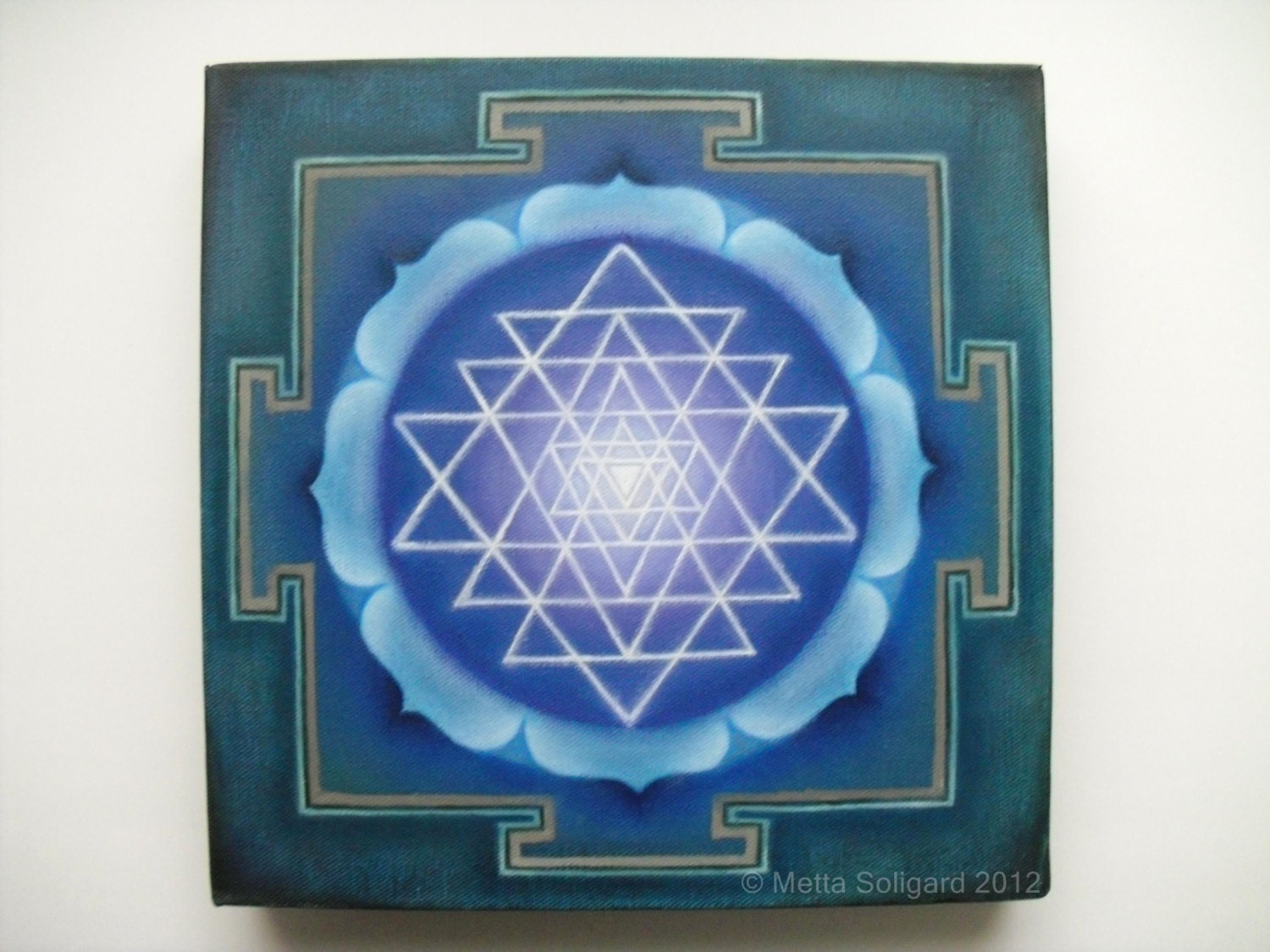 Blue Shri Yantra, oil painting, spiritual art, yoga art, healing art, mandala, sacred geometry, metaphysical,  boho decor