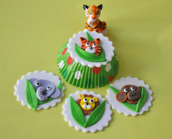 Fondant Cupcake/ Cookie Toppers Safari Animal Mix Jungle Zoo - Elephant, Lion, Tiger, Monkey Il_570xn