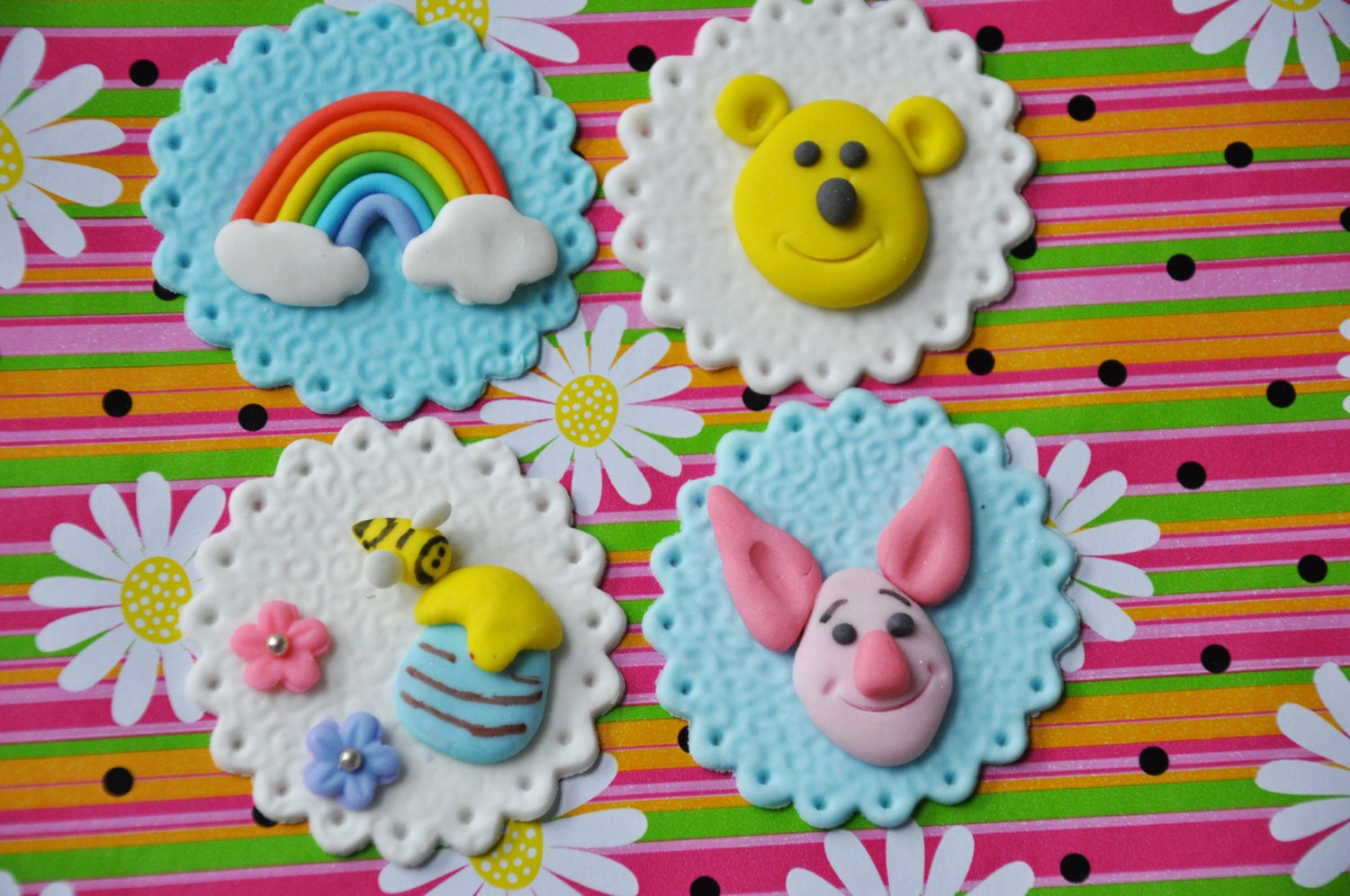 Winnie the Pooh inspired Cupcake toppers - made of fondant, Pooh, Piglet , Tigger, Rainbow Il_570xn