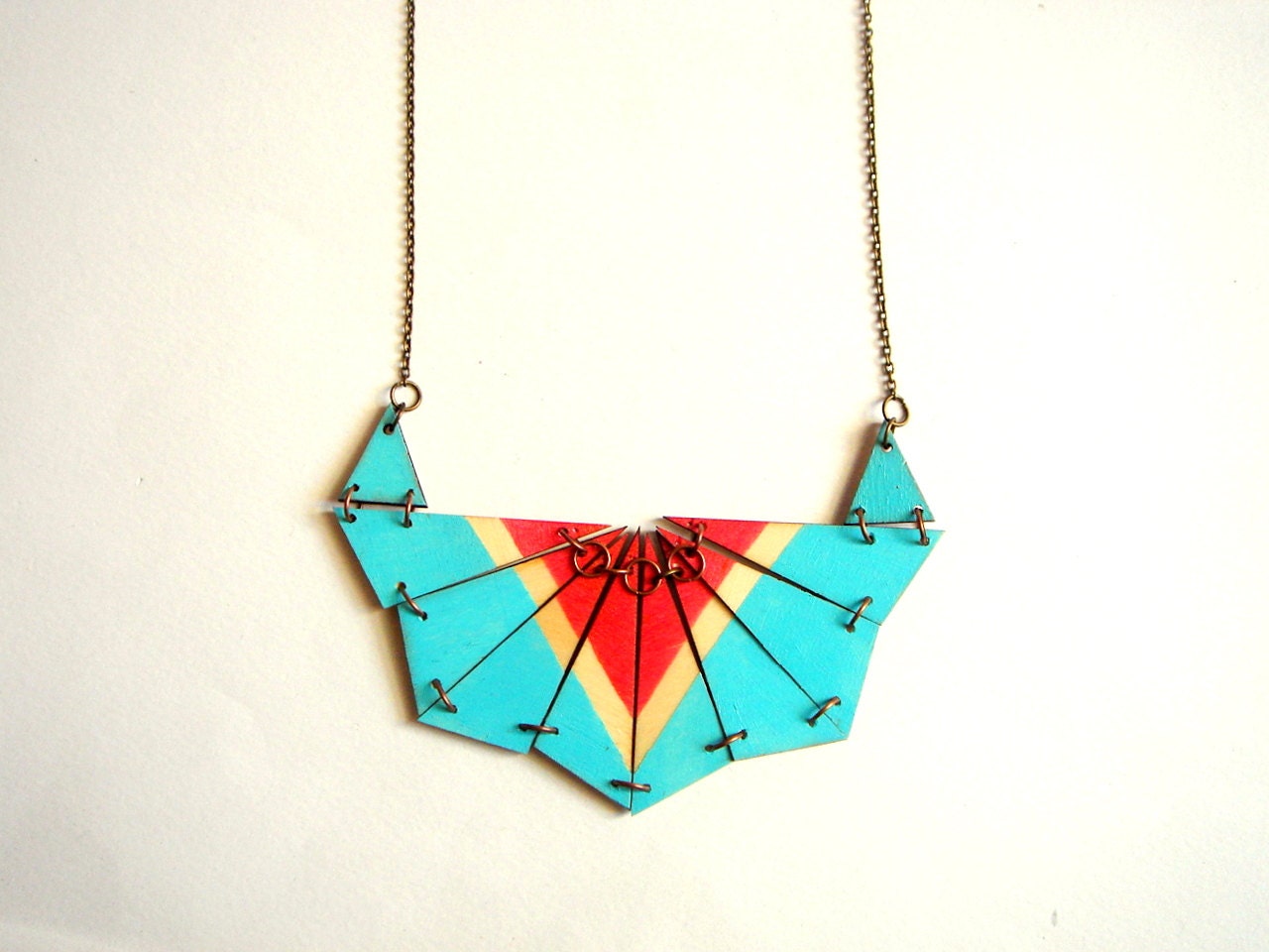 Blue&Red Geometric Necklace, Wood Triangles Bib,Wood Tribal Necklace,Geometric Jewelry