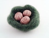 Bird Nest Brooch, Polymer Clay Eggs in Green Felt Nest