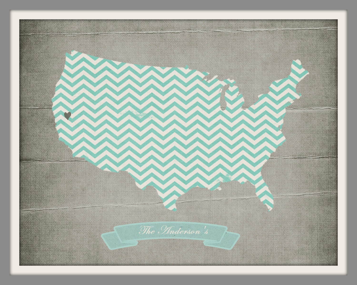 This is a personalized blue chevron 8x10 United States map print.
