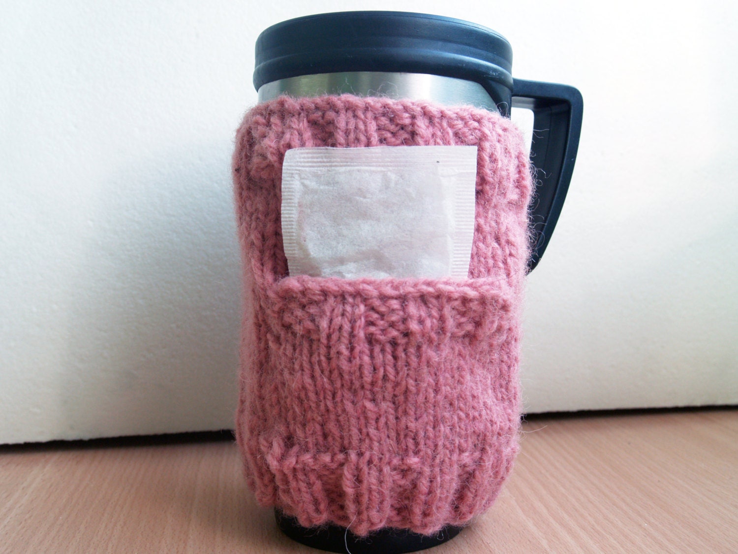 Coffee Cup Hand Knitted Cozy Sleeve with Pocket