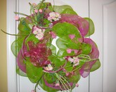 Decorated Poly Mesh Spring Wreath Pink, Fuchsia, Lime, Green