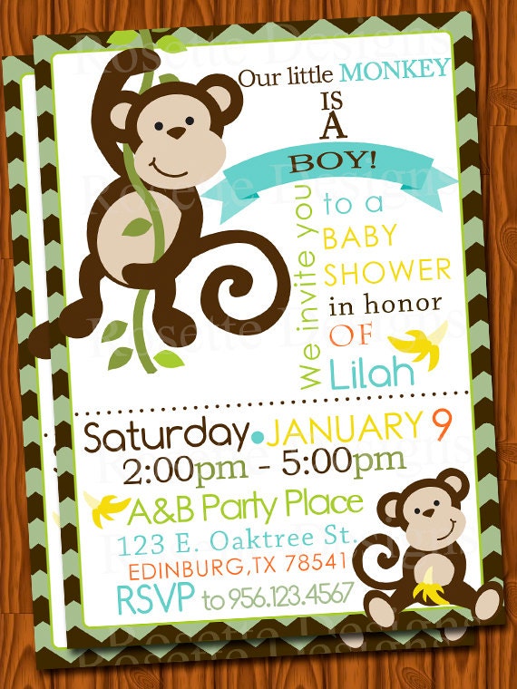 MONKEY baby shower invitation - chevron pattern - bananas - NEW DESIGN ...