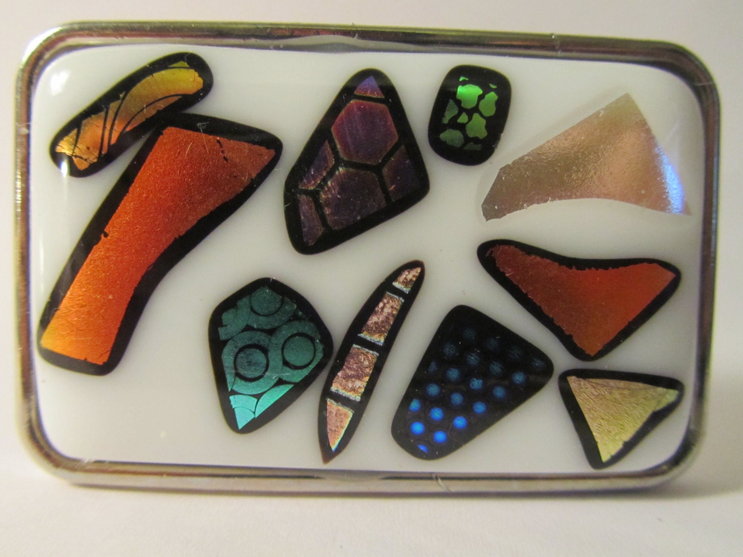 Glass and Metal Belt Buckle   Dichroic Blue Gold Green Purple Copper Pink White Polished Silver