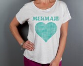 Women's Tops, Loose Fitting Mermaid Boho Tshirt, Women's Off the Shoulder Top,  Scoop Neck Graphic Tee, Vintage Distress Graphic