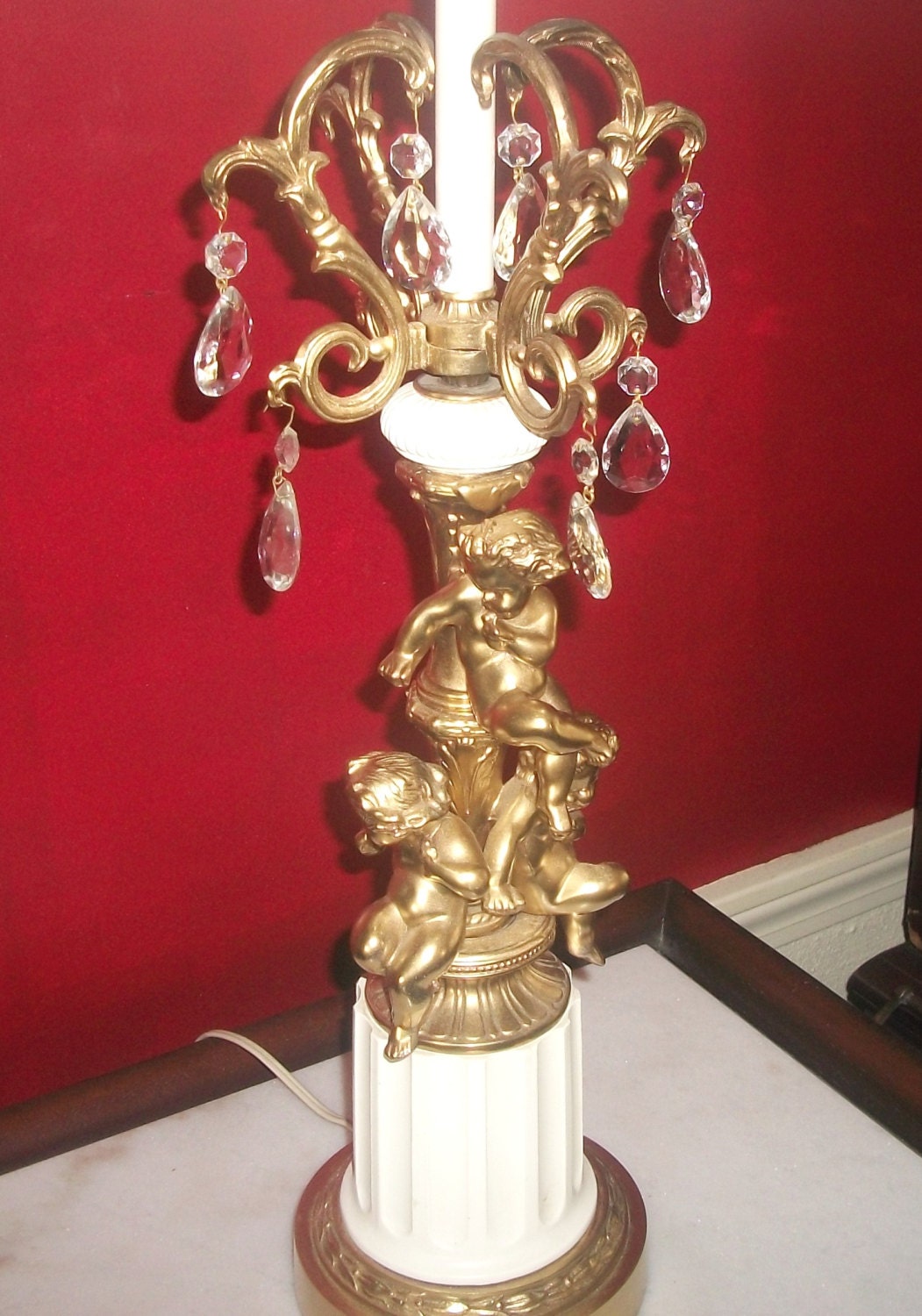Stunning Tall Vintage French Style Ornate Gold Cherub Lamp with Prisms- 3 way Switch