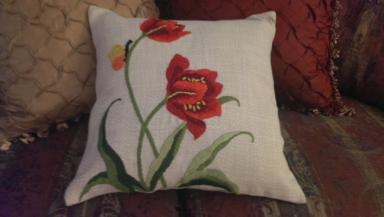 Tulips and Butterfly Embroidered Pillow