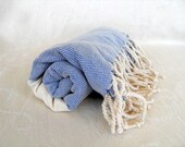 Turkish Towel, Peshtemal, Natural Soft Cotton, Bath Towel, Beach Towel, Cobalt Blue, Long Fringes