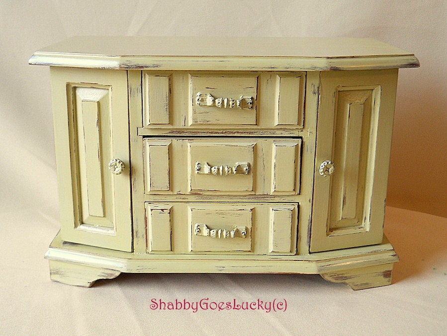 Shabby chic vintage dresser sideboard chest of drawers jewellery cabinet with doors, cream white hand painted distressed velvet lined