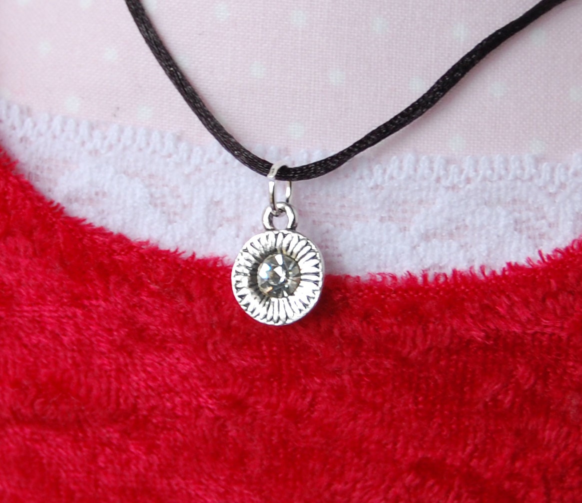 Black Silk Necklace, Diamond Sun Charm