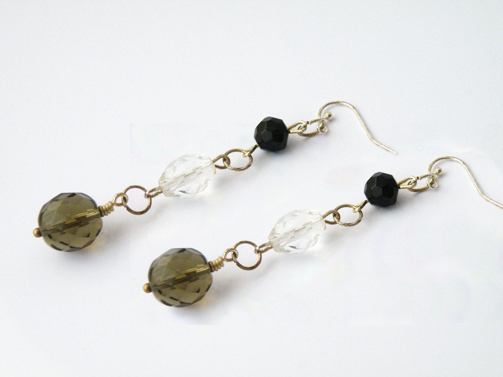 Long Dangle Hook Earrings Glass Beaded Smoky Black Clear Beads Elegant Jewelry by SteamyLab