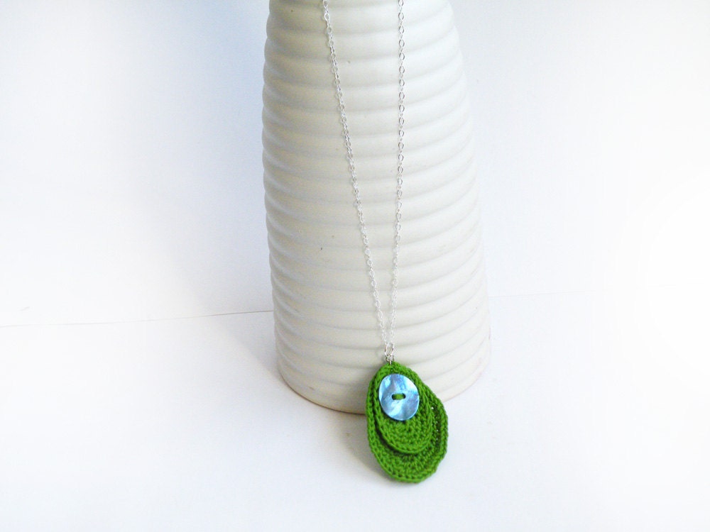 Long Sterling Silver Asymmetric Pendant Necklace Rustic Green Crochet Spring Summer Accessories by SteamyLab