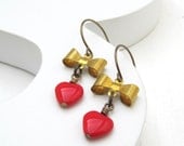 Heart earrings, hearts and bows, brass earrings