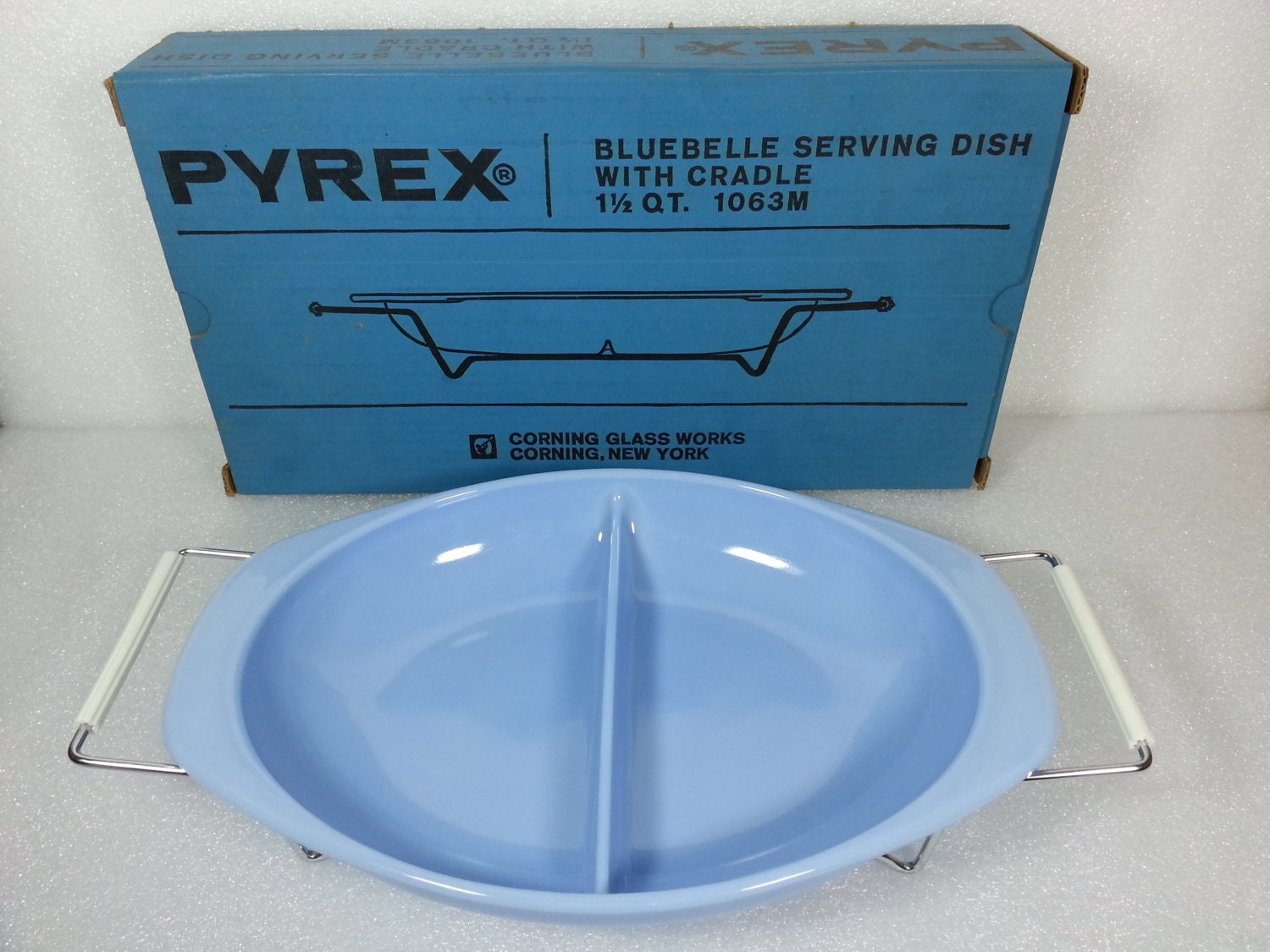 Vintage Pyrex Delphite Blue Oval Divided Dish WITH 2 Handled Stand In Box - MINT