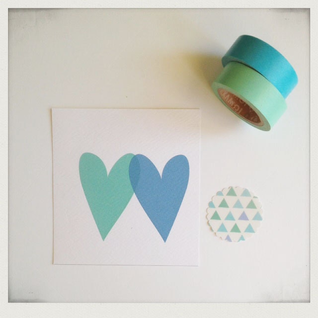 romantic card love with hearts,  handmade envelope and sticker, green and blue, minimalist