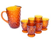 Set of 6 Vintage Fostoria Amber Lowball Footed Glasses and Pitcher
