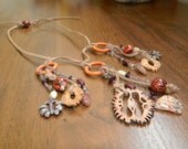 Ethnic Tribal Leather Necklace - brown orange eco jewelry - vintage beaded african - Black Walnut wooden beads stones - Beadwork Jewelry