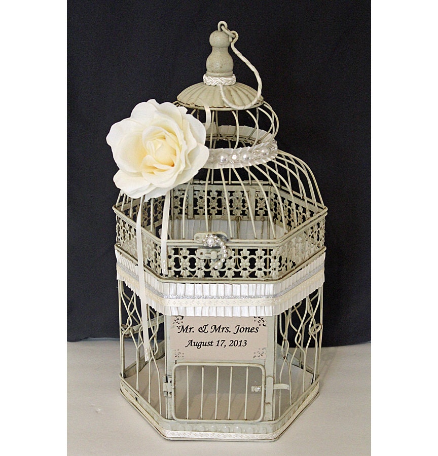 Wedding Birdcage Card Holder Vintage Ivory, Pearl & Silver. Wedding Card Box. Wedding Money Box