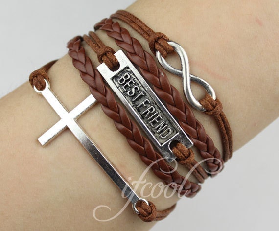 Silvery cross bracelet infinity bracelet Best friend bracelet brown bracelet men leather bracelet women rope bracelet bangle jewelry cuff