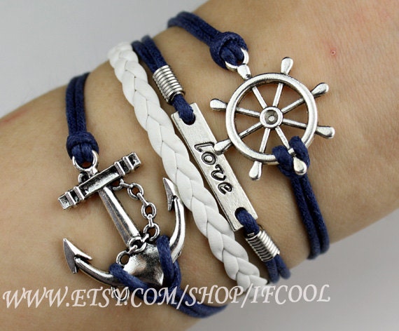 Rudder, Love and Anchor Charm Bracelet in Silver - Navy blue Wax Cords and White Leather Braid Bracelet - Best Chosen Gift