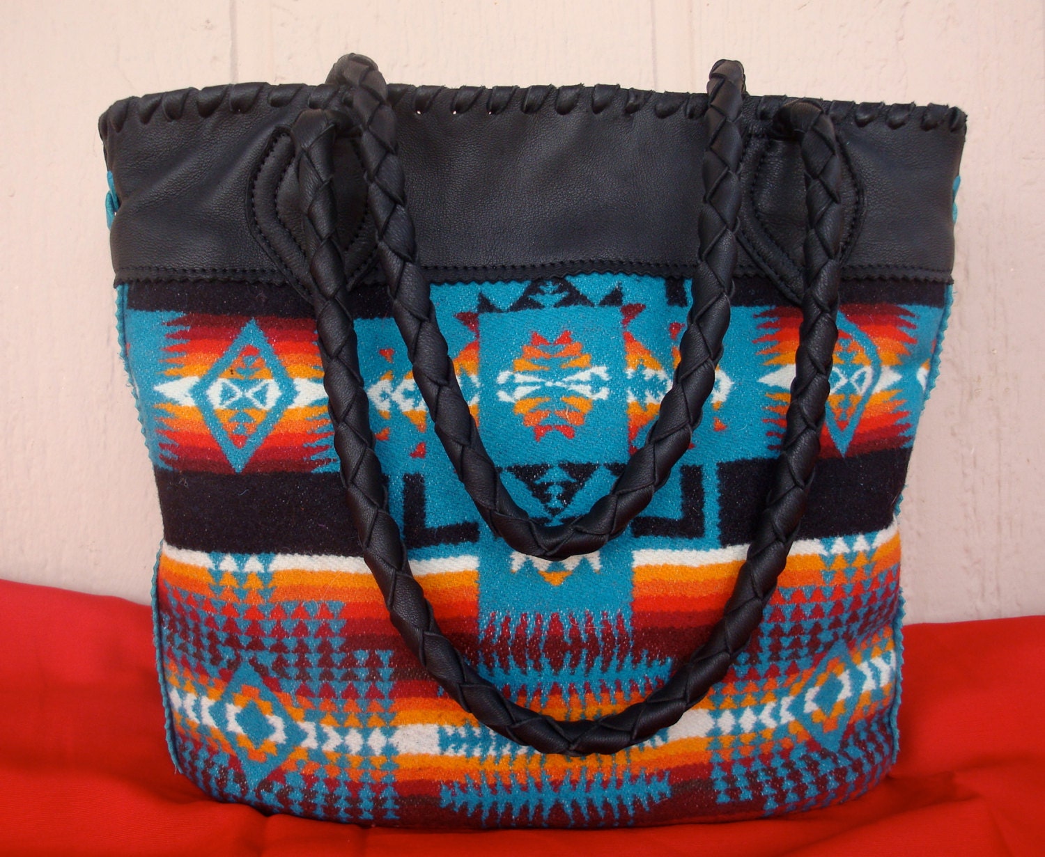 Black Leather Deer Skin Tote Bag/Purse With Turquoise Leather And Pendleton Wool