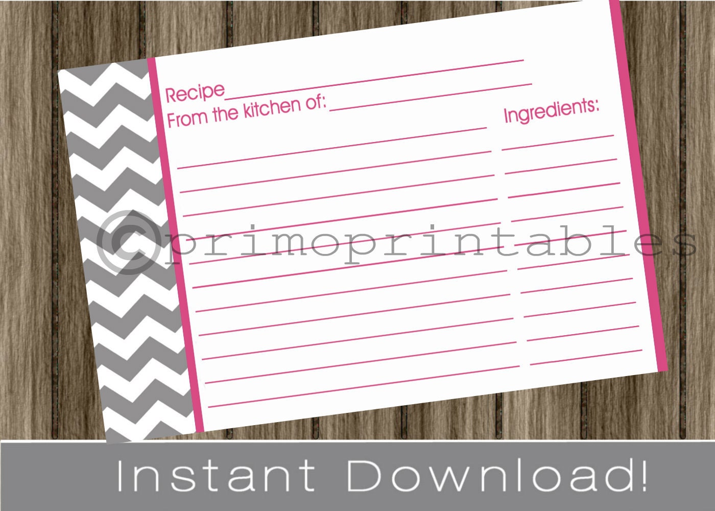 Recipe Cards DIY printable gray chevron and hot pink INSTANT DOWNLOAD digital Print Your Own 4x6 Il_570xn