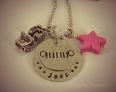 Jeep grill necklace hand stamped silver with pink stone star and jeep charm