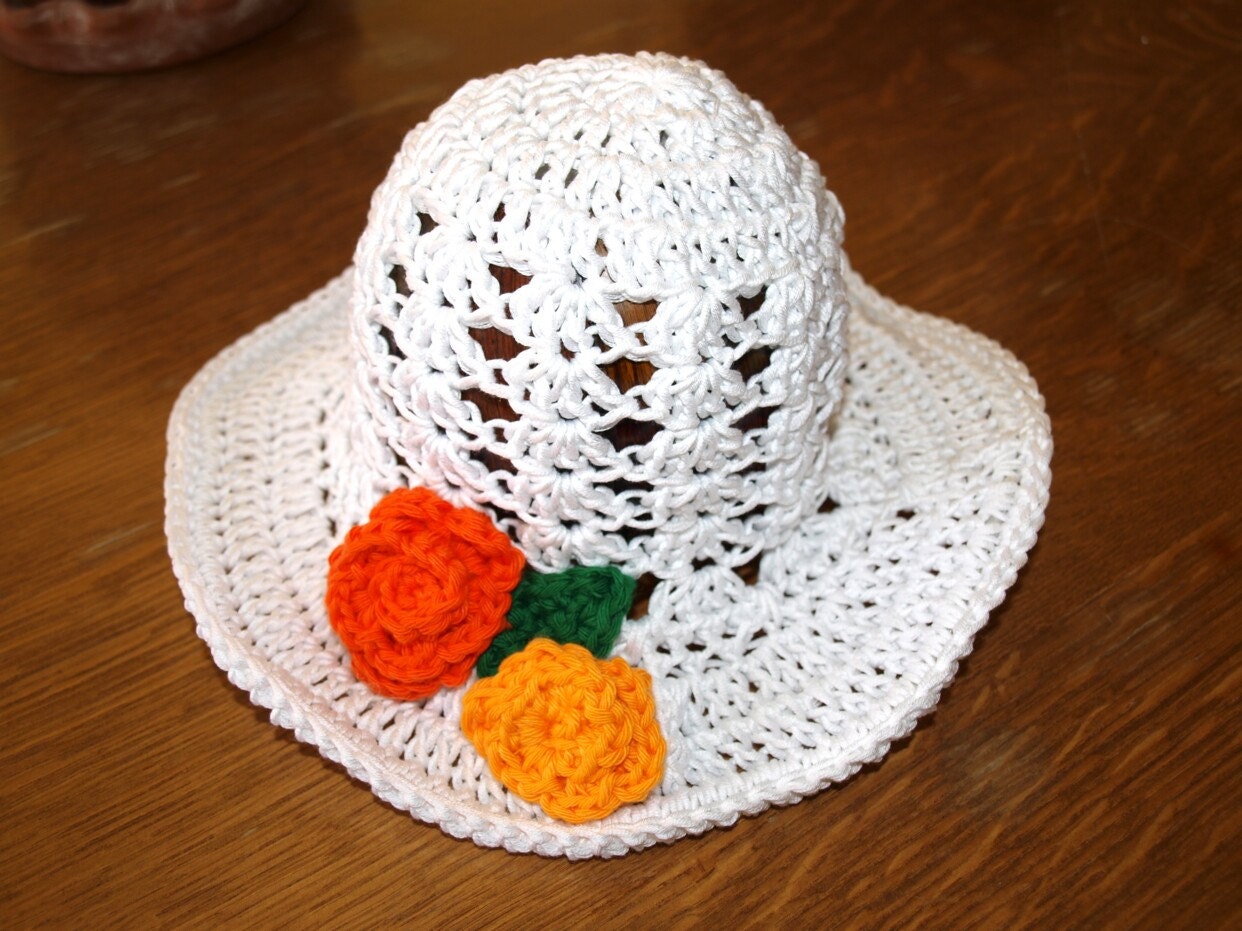 Girls crochet summer hat, Sun hat, Spring hat, White color hat, flower hat, Handmade crochet hat