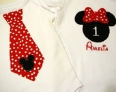 Minnie Mouse and Mickey Mouse Brother and sister appliqued  Tee shirt or Onesie with  Necktie.