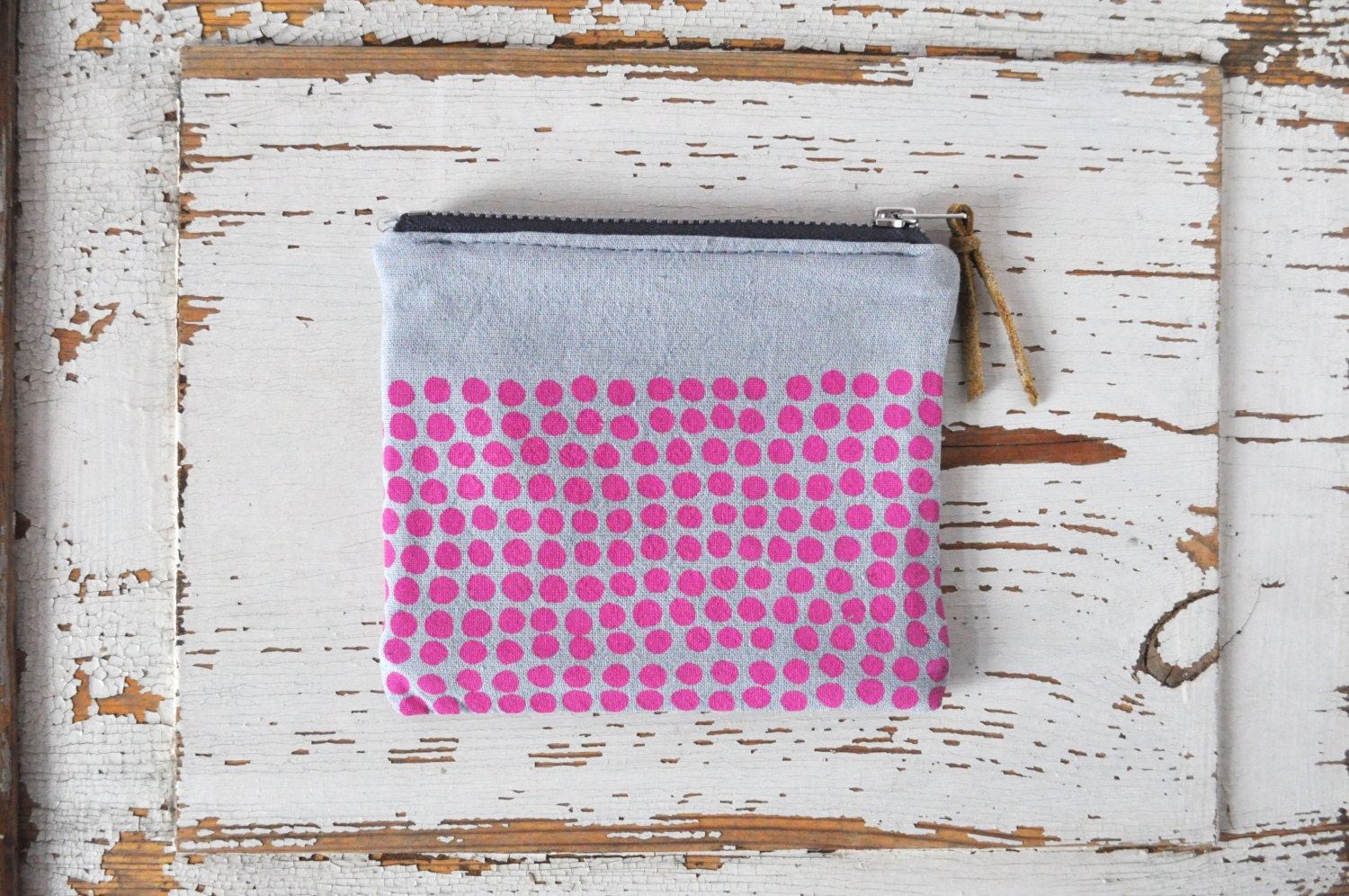 MADE TO ORDER - Small Coin Pouch - Light Gray with Bright Pink Dots Print - Hand printed