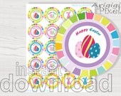 2 in Happy Easter circle with bunny and eggs colorful spring colors 20 different circles printable cupcake topper instant download Il_170x135