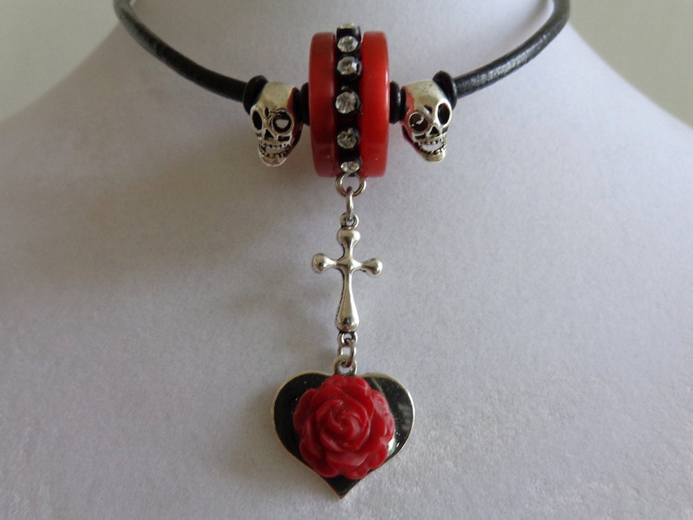 Black Red Gothic Choker Necklace, Skull Beadwork Necklace, Black Leather Heart /Flower Bib Necklace, Red Chunk Lucite Washer Pave Necklace