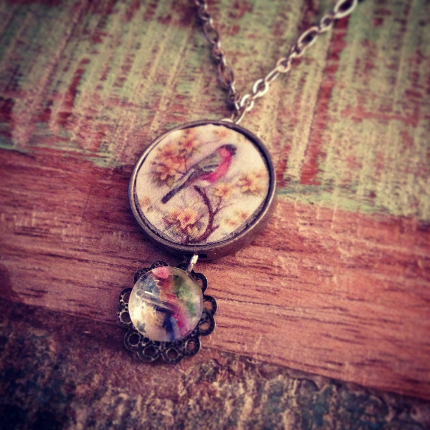 Bird charm and antique button necklace- vintage style