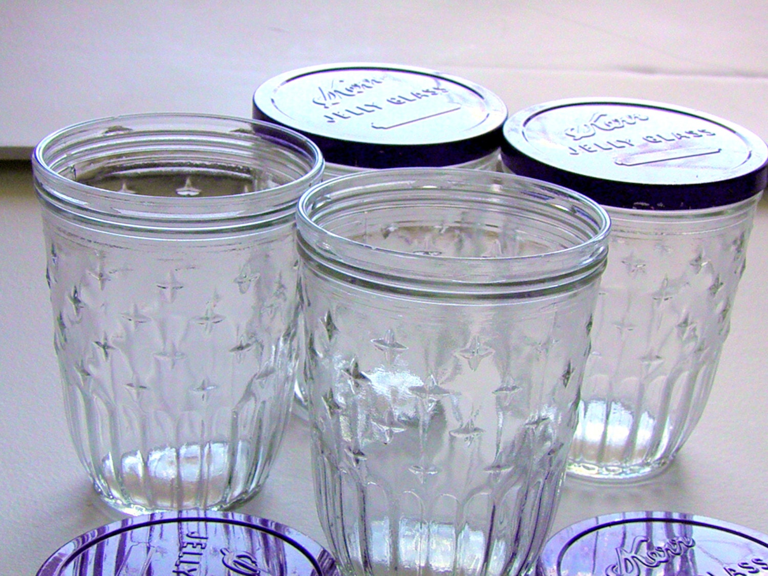 Vintage Jelly Jar Glasses Vintage Glassware Vintage Drinking Jelly Jar With Lids Grape Jelly Kerr Jars Purple Quilted Set