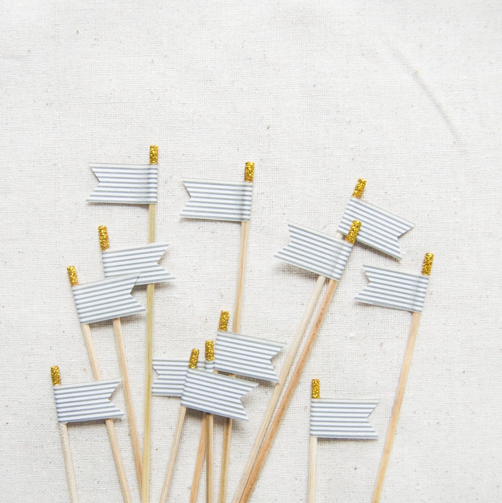 12 Ochre & Grey Striped Washi Tape Flag Cupcake Toppers, weddings, engagement party, birthday, teaparty - gnomeswhimsy
