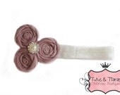 Rolled Fabric Rosette Mauve Vintage Baby Headband for Little Girls Spring Pearls Easter Fancy, Wedding, Baby Photo Prop Il_170x135