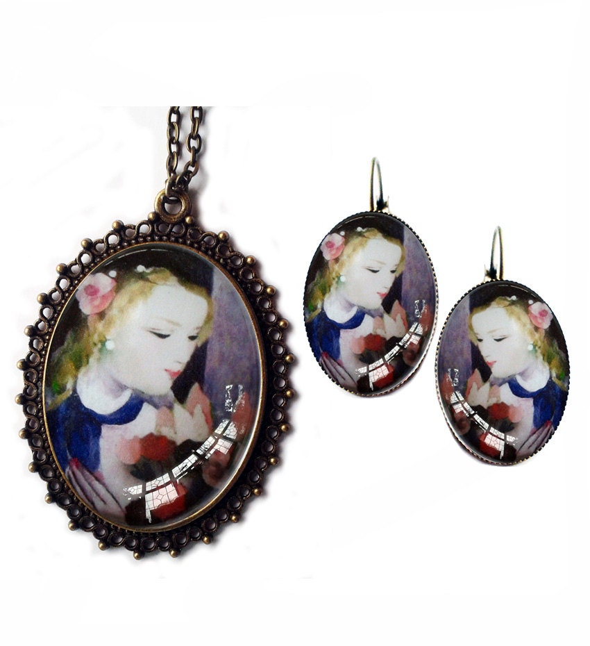 Beautiful Pastel  Marie Laurencin Style Jewelry Set - Necklace Pendant  - Earrings