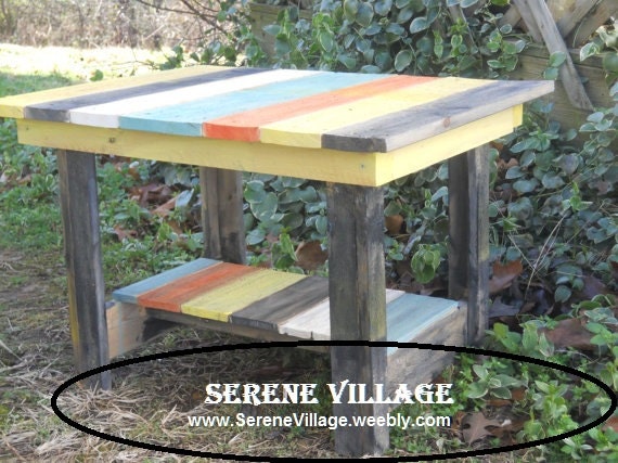Serene Village - Colorful Handmade Rustic Side Table Using Reclaimed Wood, Patio, Cabin, Beach Cottage, Beach House