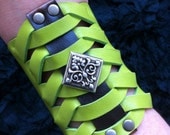 Twisted Glad - Gladiator Style Lime Green Mirabella Lamb Leather Bracer Cuff with Silver Victorian Filigree Baroque Concho.