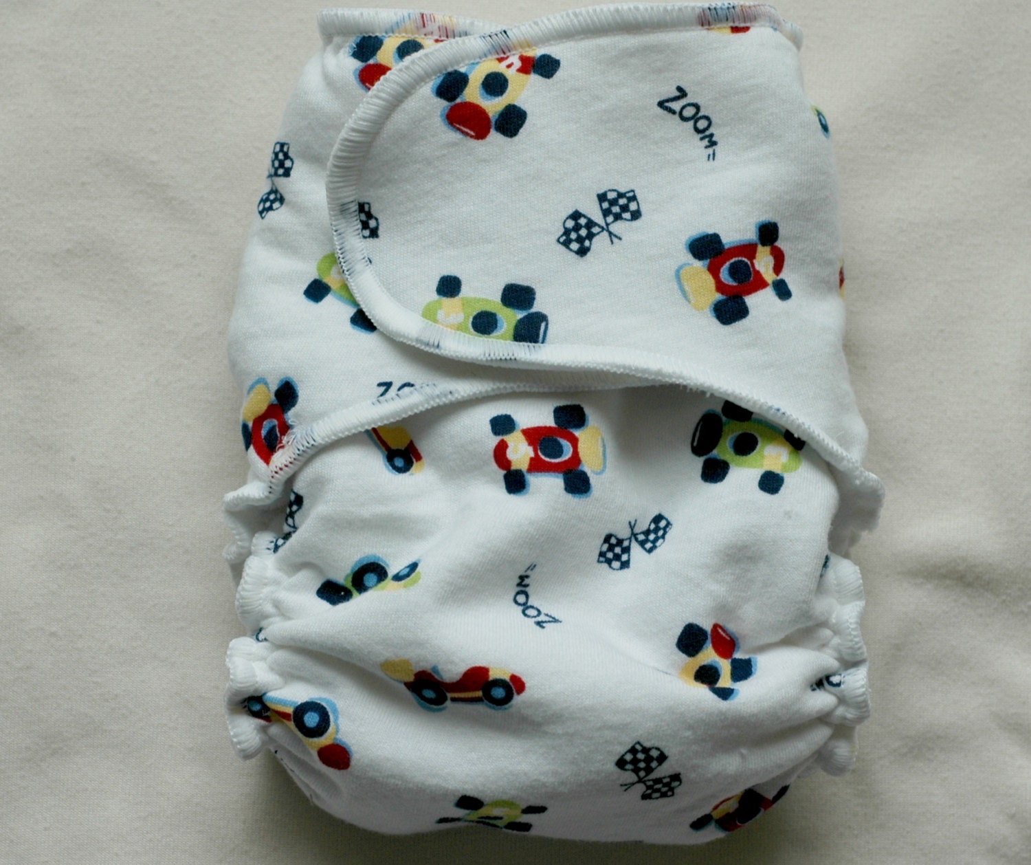 Organic Bamboo/Cotton Velour Fitted Diaper, Zoom Print, Size 2, Snapless Closure, Fitted Cloth Diaper, READY TO SHIP