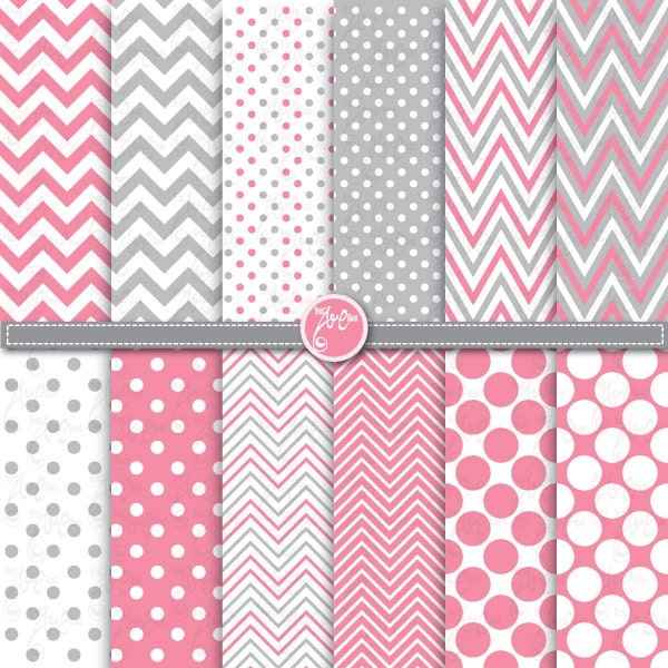 polka dot and chevron digital paper pack ,pink & grey, baby girl Clip Art Printable for Scrapbooking, Cards, Party paper ,Invitations Dp044 Il_570xn