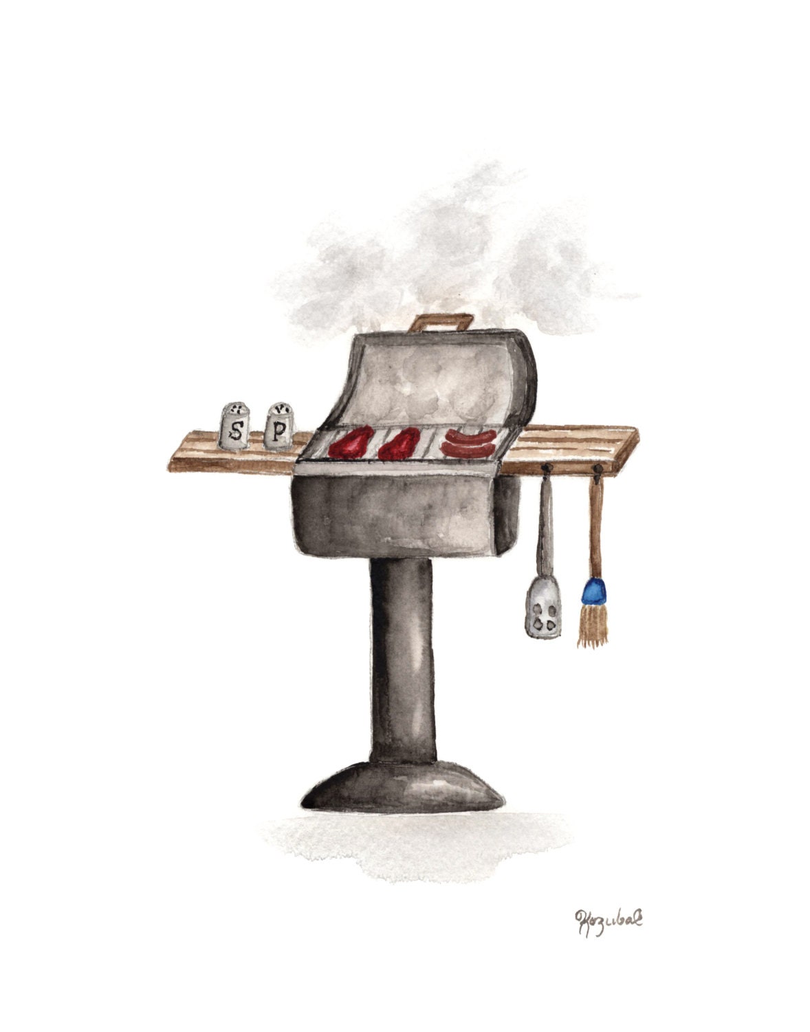 Grill Watercolor Painting BBQ Barbecue Summer Sumertime Spring Painting 8.5 x 11 Original Fine Art Archival Giclee Print Steak Illustration