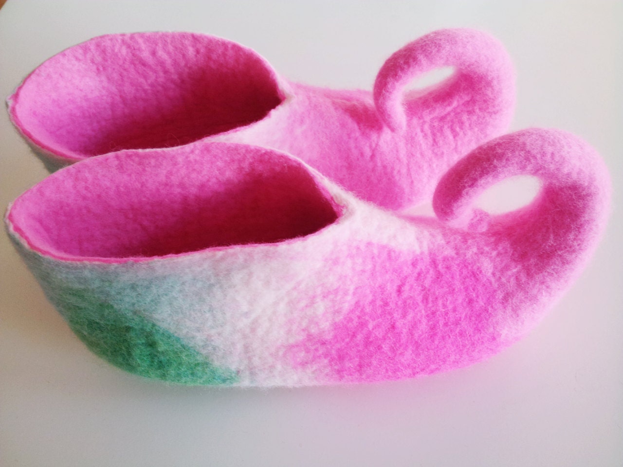Unique Hand Felted Merino Wool Slippers. Pink White Green Elf / Fairy Shoes Made to Order.UK Sizes 3-7 (adult)