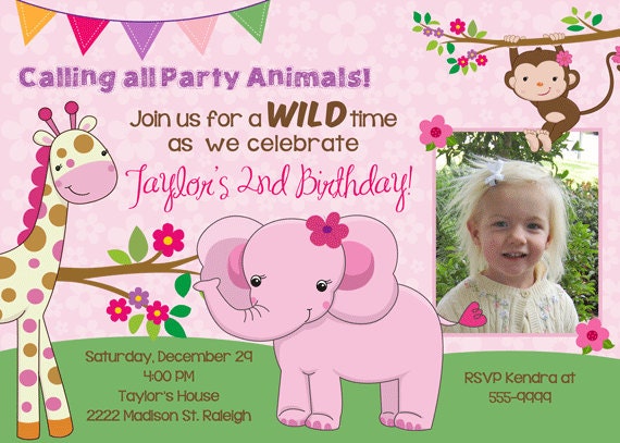 Pink Jungle Animals Birthday Party Invitations - printable Il_570xn