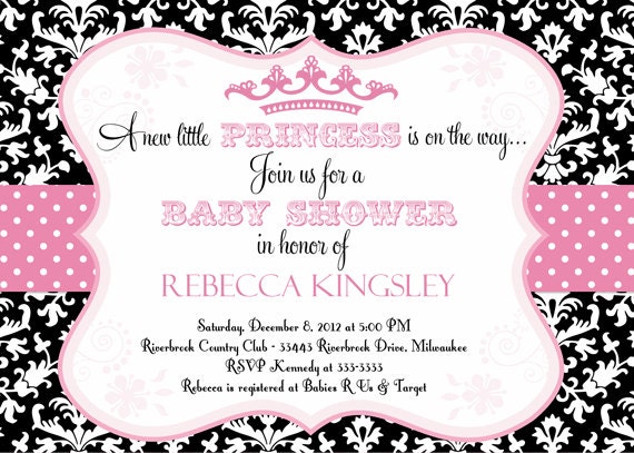Black & Pink Damask Princess Baby Shower Invitation - Printable